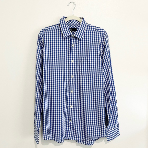 NWT GAP Men’s Wrinkle-Resistant Blue White Gingham Button-Down Shirt Size L - Picture 2 of 9